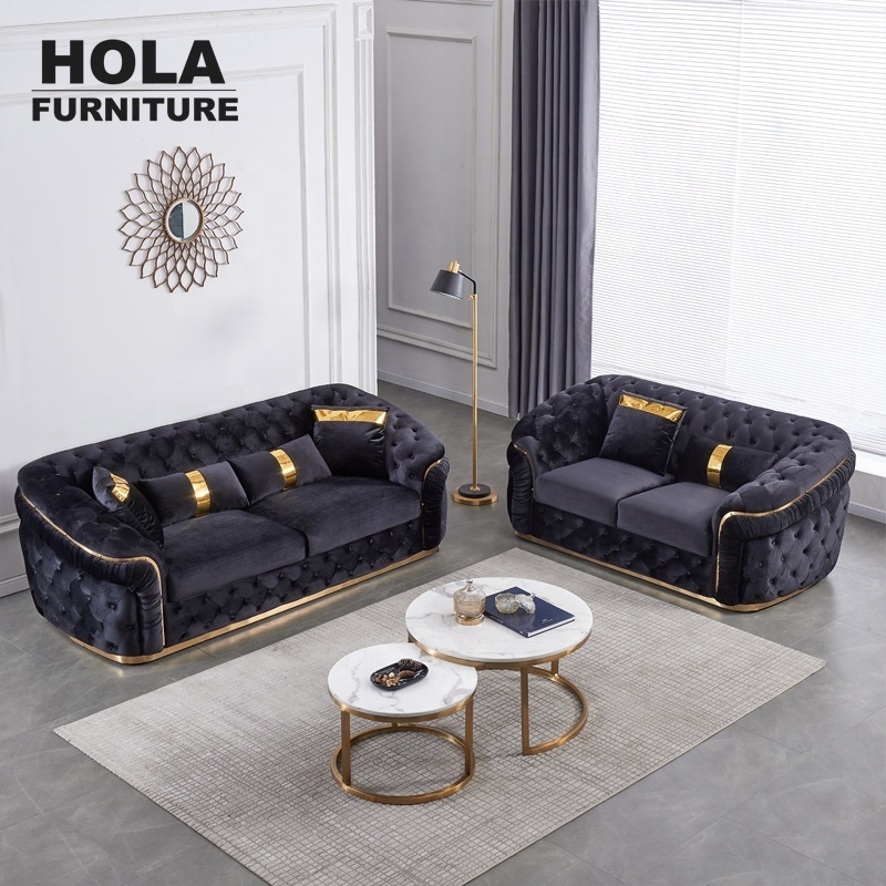 HOLA Luxury Velvet Chesterfield Sofa Plush Velvet Black Couch & Loveseat Furniture Corner Sofa Set Living Room Sofas