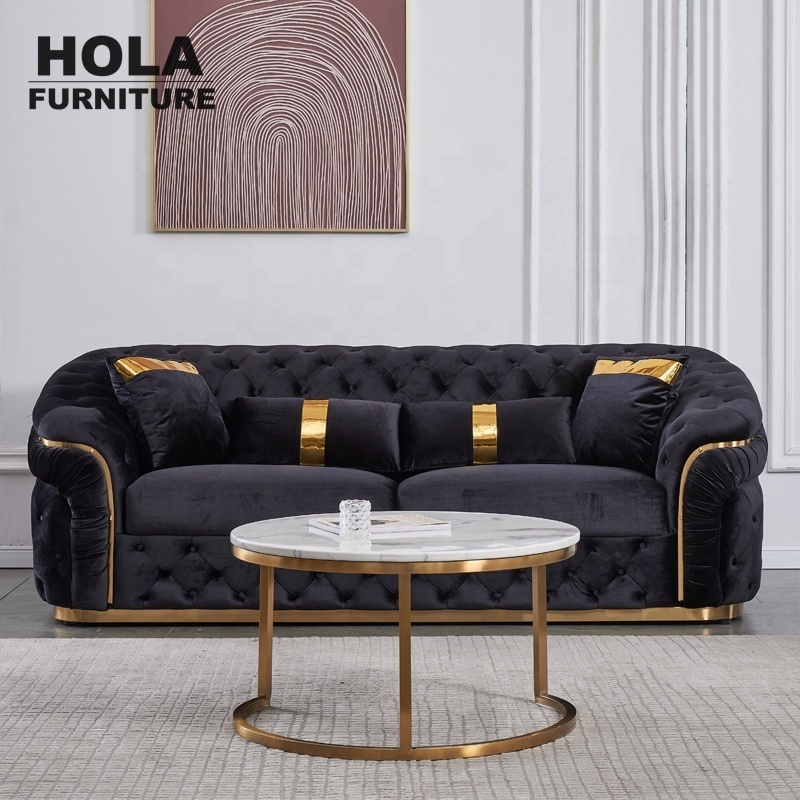 HOLA Luxury Velvet Chesterfield Sofa Plush Velvet Black Couch & Loveseat Furniture Corner Sofa Set Living Room Sofas