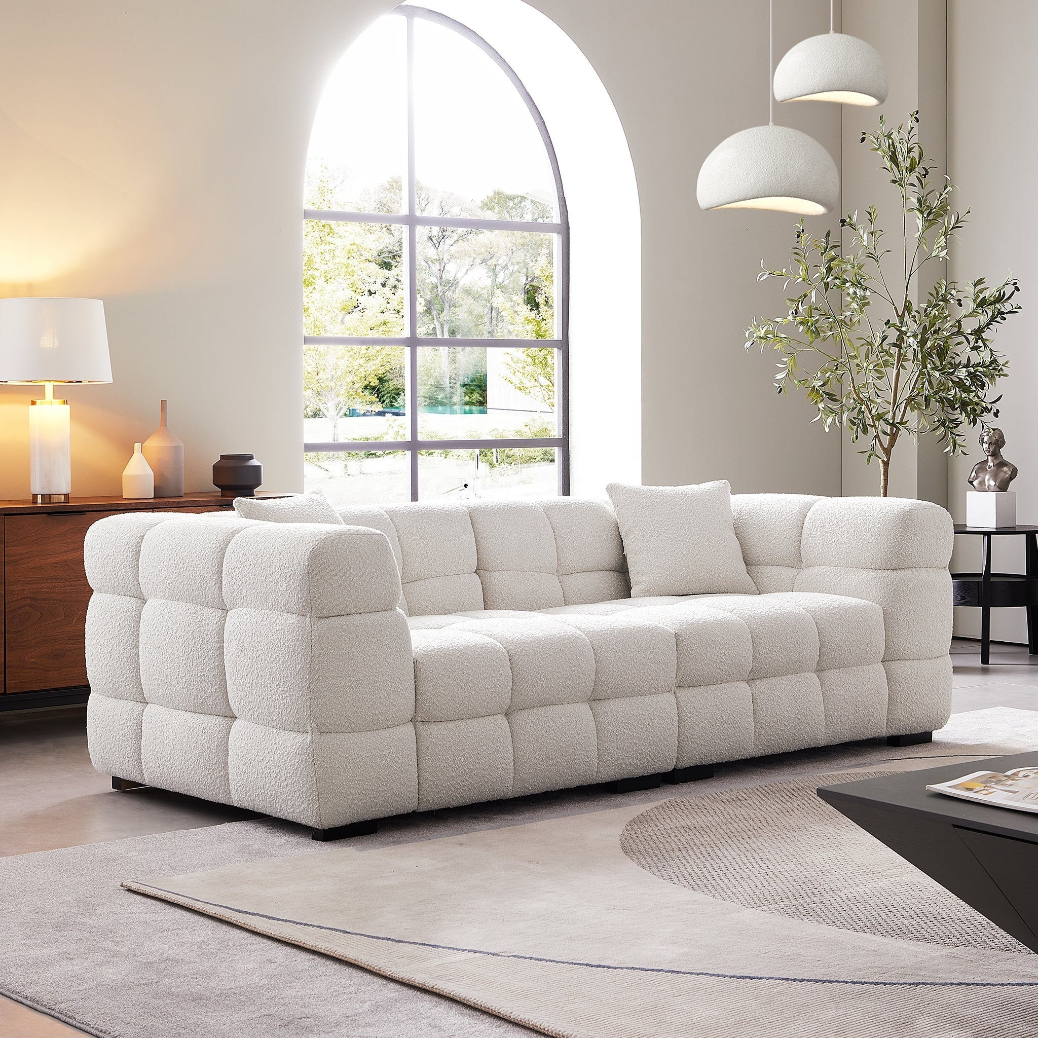 Cushy White Boucle Fabric Tufted Sofa Set for Living Room White Sofa Set Teddy Boucle Fluffy Tufted Living Room Sofas