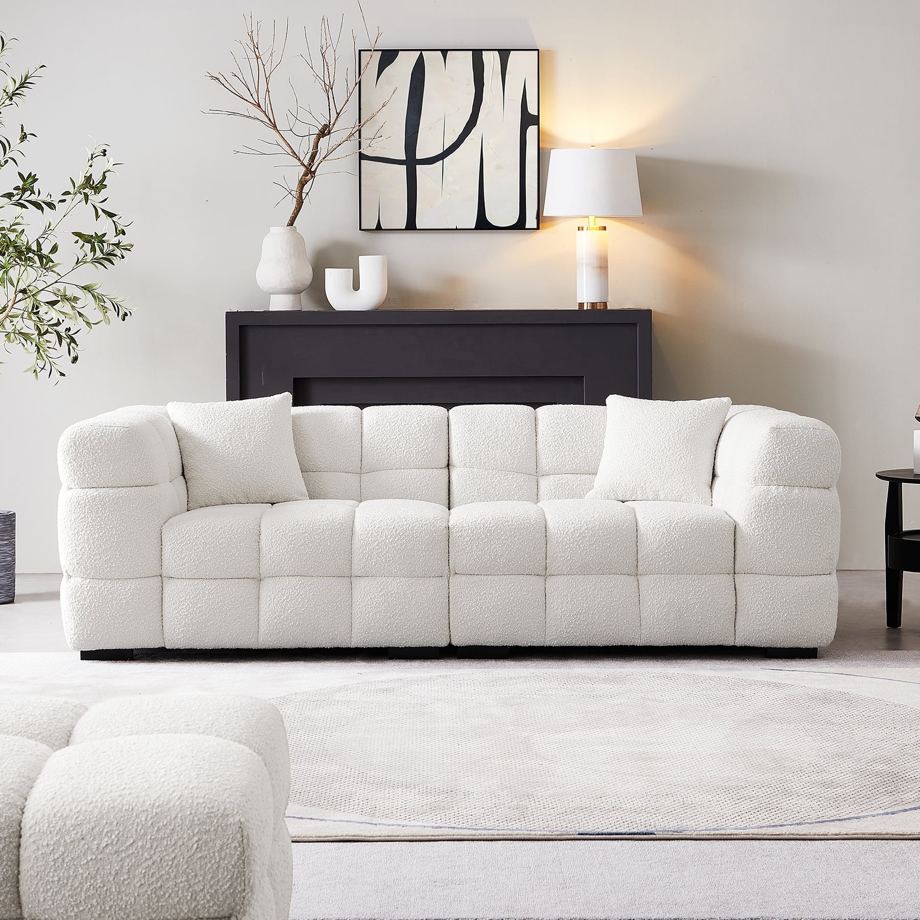 Cushy White Boucle Fabric Tufted Sofa Set for Living Room White Sofa Set Teddy Boucle Fluffy Tufted Living Room Sofas