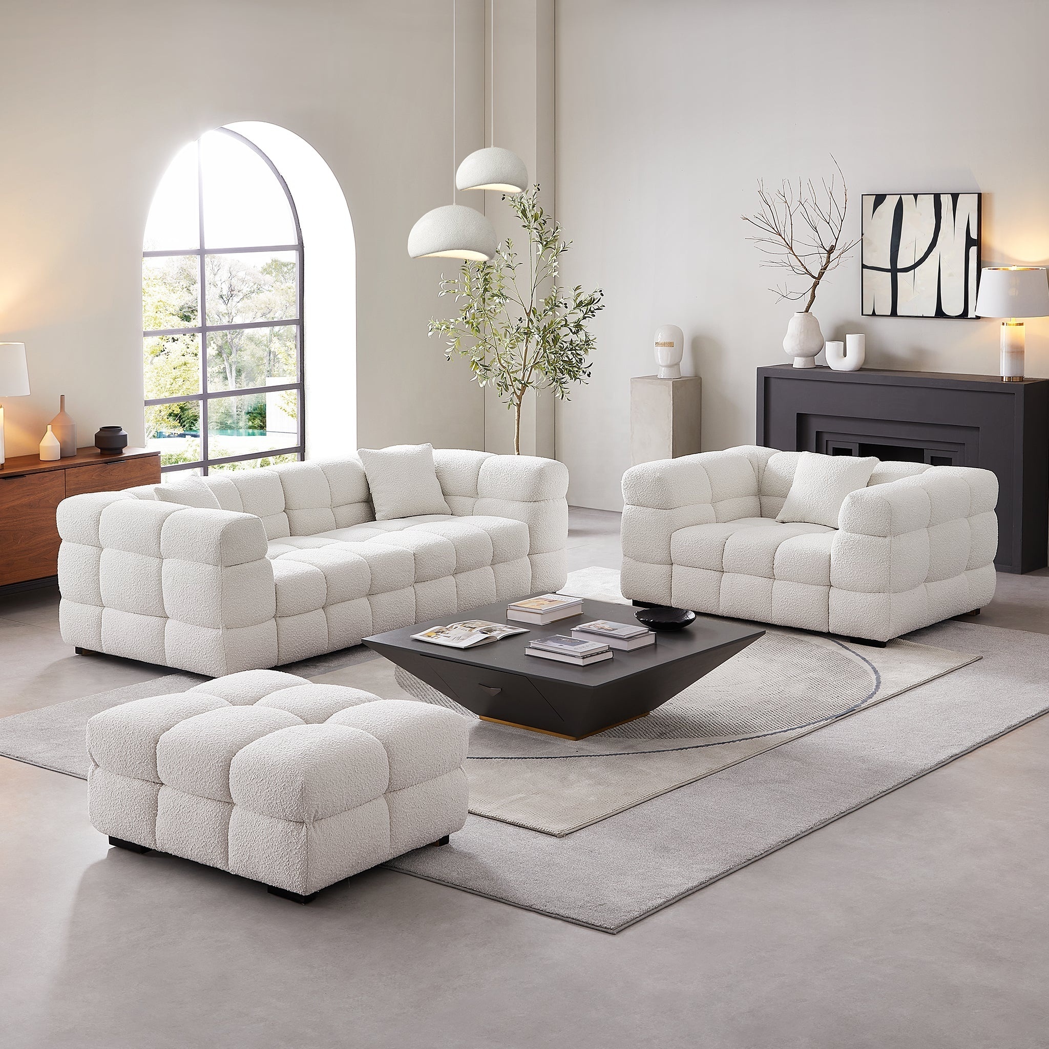 Cushy White Boucle Fabric Tufted Sofa Set for Living Room White Sofa Set Teddy Boucle Fluffy Tufted Living Room Sofas