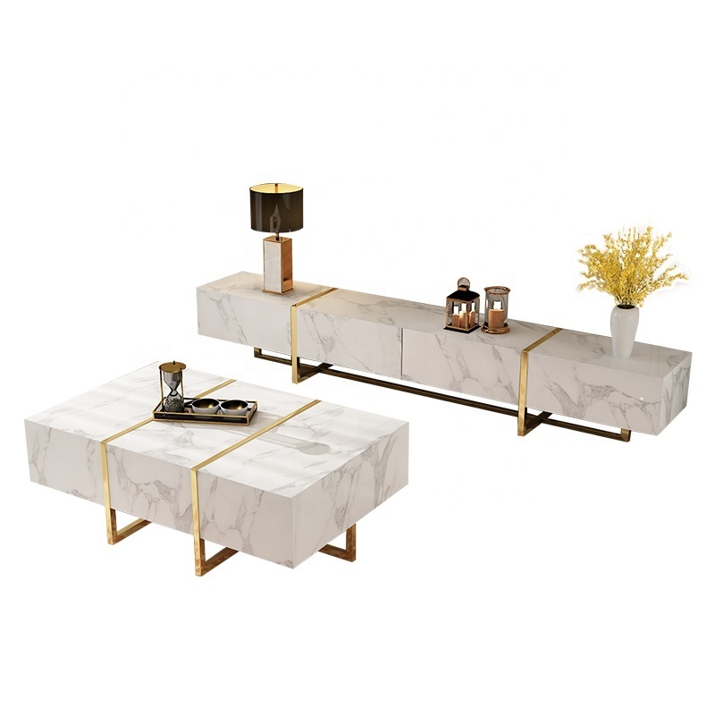 Sintered stone TV Stand With Steel Frame Stone Coffee Table Side Tables TV Stand