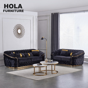 HOLA Luxury Velvet Chesterfield Sofa Plush Velvet Black Couch & Loveseat Furniture Corner Sofa Set Living Room Sofas