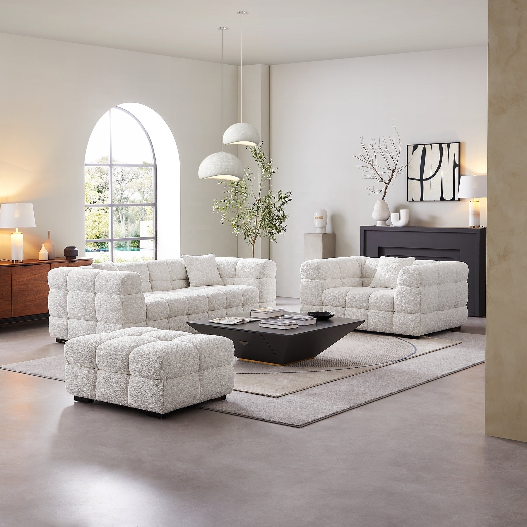 Cushy White Boucle Fabric Tufted Sofa Set for Living Room White Sofa Set Teddy Boucle Fluffy Tufted Living Room Sofas