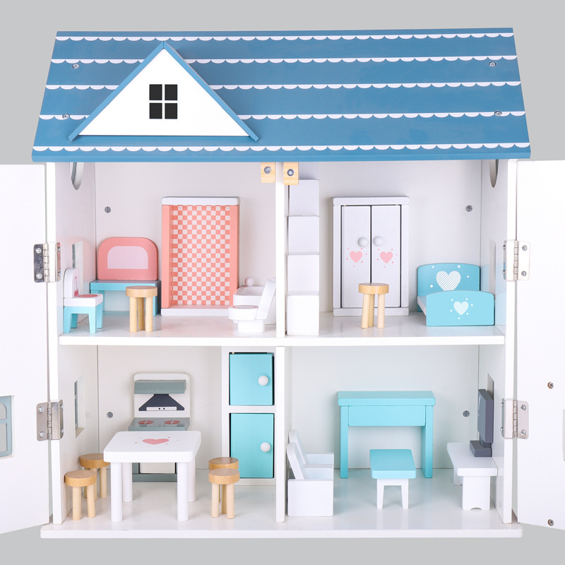 Best Design 2 floors Beachfront Mansion Mini Furniture Children Wooden Doll House Play Set Pretend Play Dollhouse For Kids