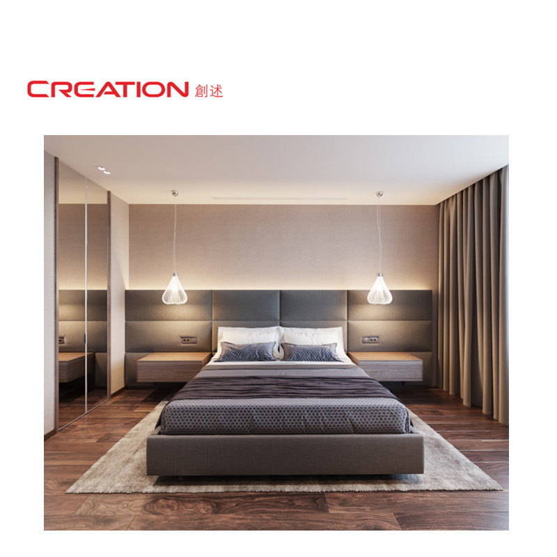 CREATION Modern Hotel Furniture Whole Section Upholstered Grey Fabric Bed with Two Nightstands on Wall