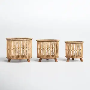 Decorative Bamboo Basket  Natural Color Wooden Base 3 Legs Decorative Basket For Home Hotels Indian Bamboo Handmade Baskets