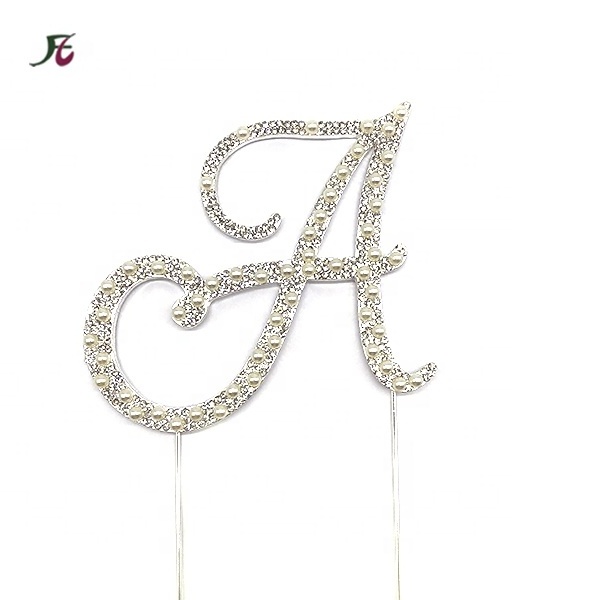 Custom Special Calligraphy Initial Gold Mirror Rhinestone Pearl Letter E Cake Topper for wedding