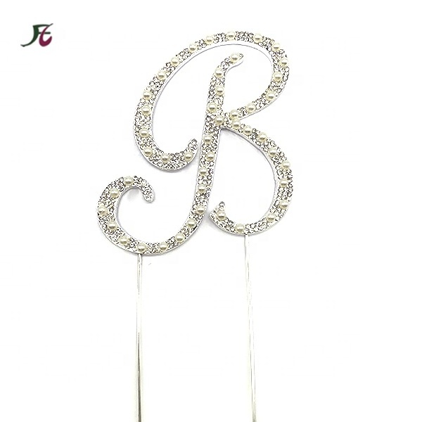 Custom Special Calligraphy Initial Gold Mirror Rhinestone Pearl Letter E Cake Topper for wedding