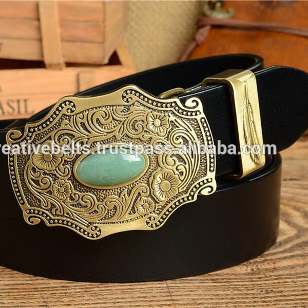 Vintage Stone Carved Buckle Genuine Leather Belt for Mens and Womens