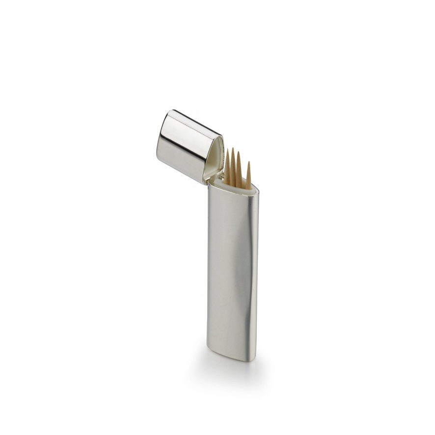 Custom Engraveable Logo Silver Plated Portable Slim Design Alloy Toothpick Holder Pocket toothpick case