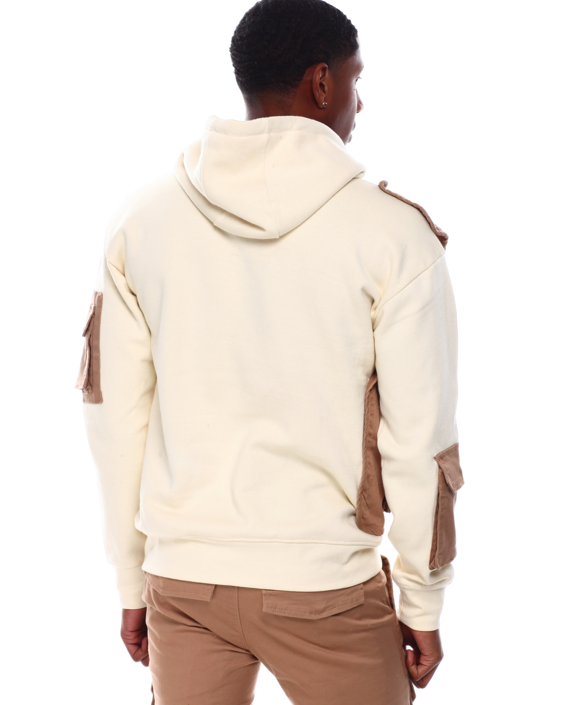 Custom Logo Men Hoodie, Cream color cargo pockets Fleece Hoodies Clothing 100% Cotton Blank Cargo Hoodies Unisex