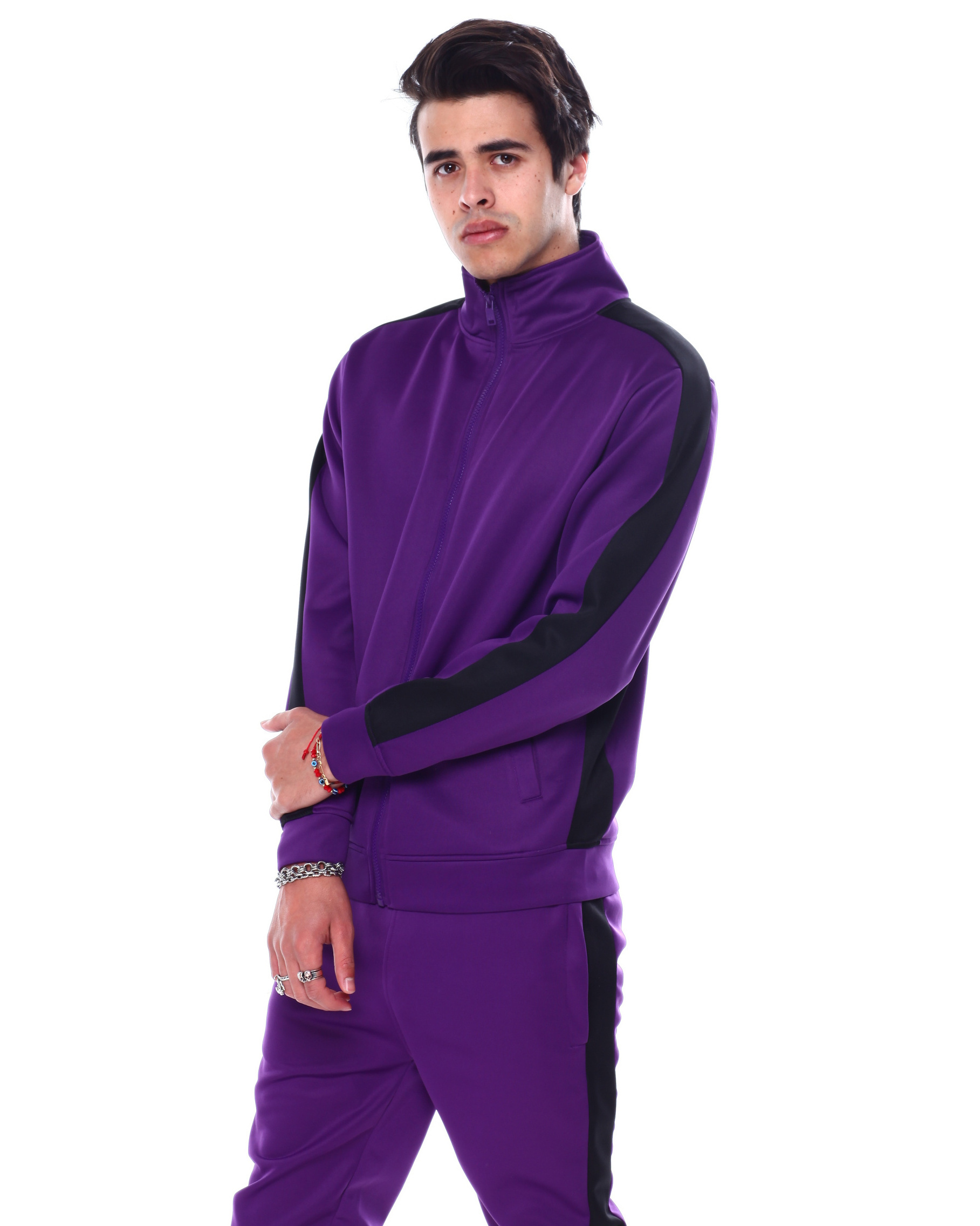 Men high quality purple color tracksuit with black color sides stripes sweatsuits custom design men jogging suits