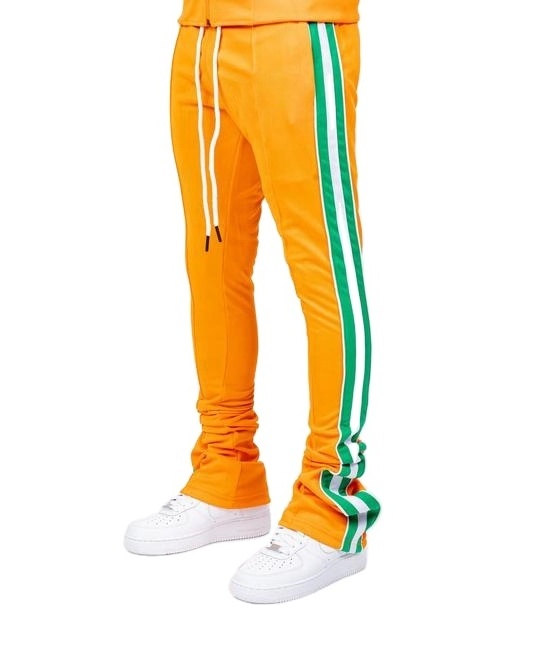 Men Track Pants Custom LOGO Slim Fit Polyester Drawstring Side Stripes Jogger Wholesale Stacked Pants