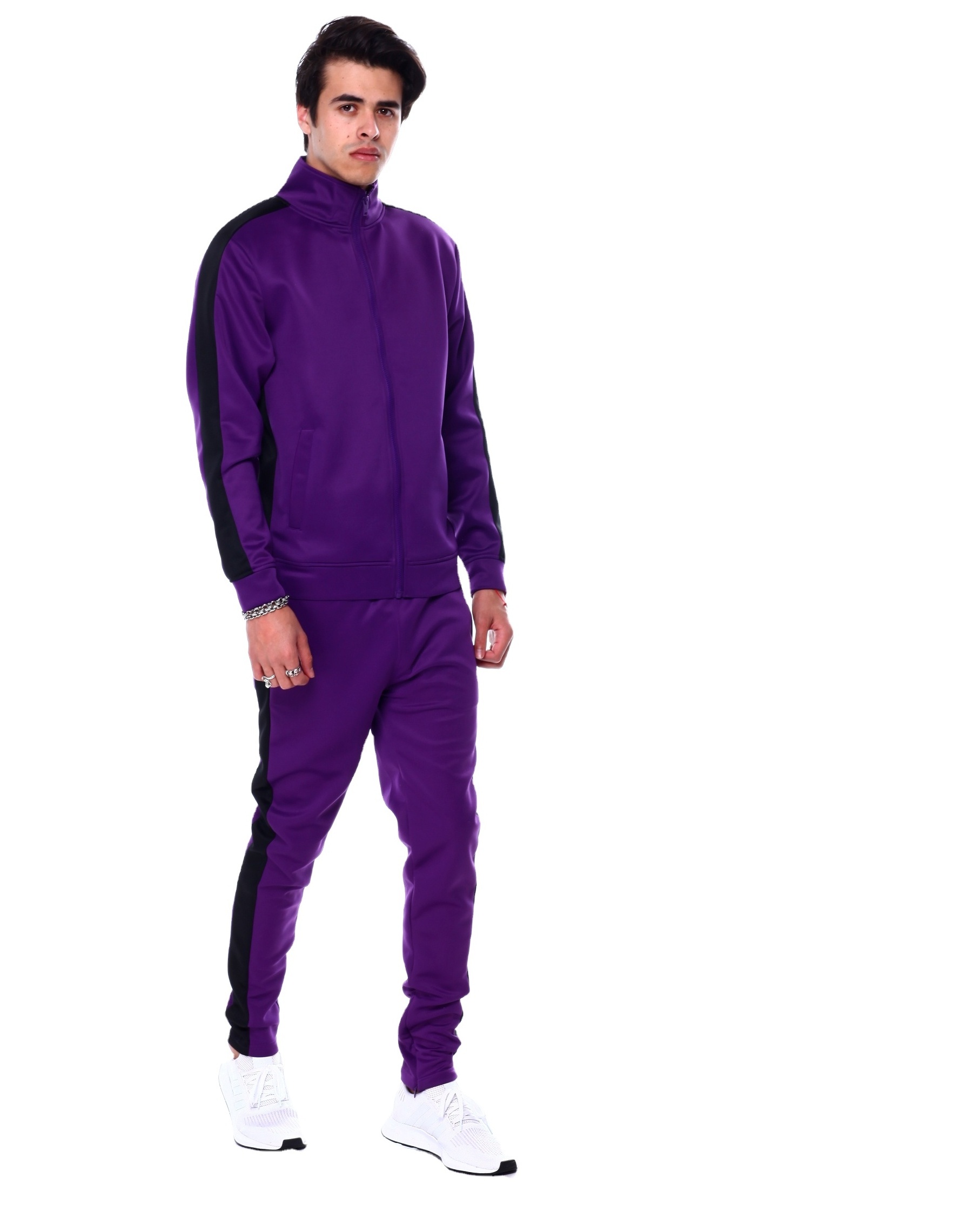 Men high quality purple color tracksuit with black color sides stripes sweatsuits custom design men jogging suits