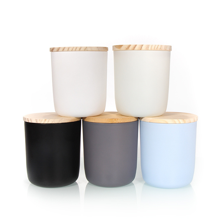 Wholesale Empty 8090 315ML Frosted Black/White Round Bottom Glass Candle Jars With Wooden Lid