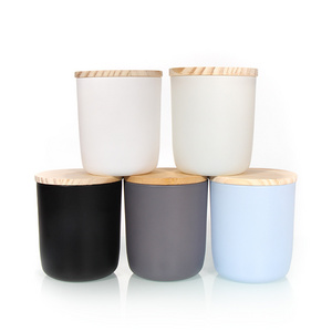 Wholesale Empty 8090 315ML Frosted Black/White Round Bottom Glass Candle Jars With Wooden Lid