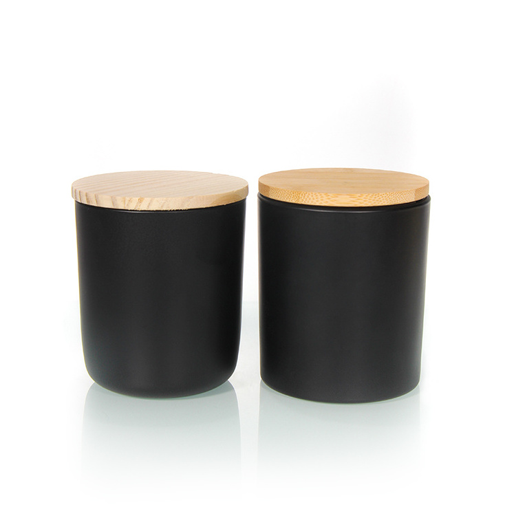 Wholesale Empty 8090 315ML Frosted Black/White Round Bottom Glass Candle Jars With Wooden Lid