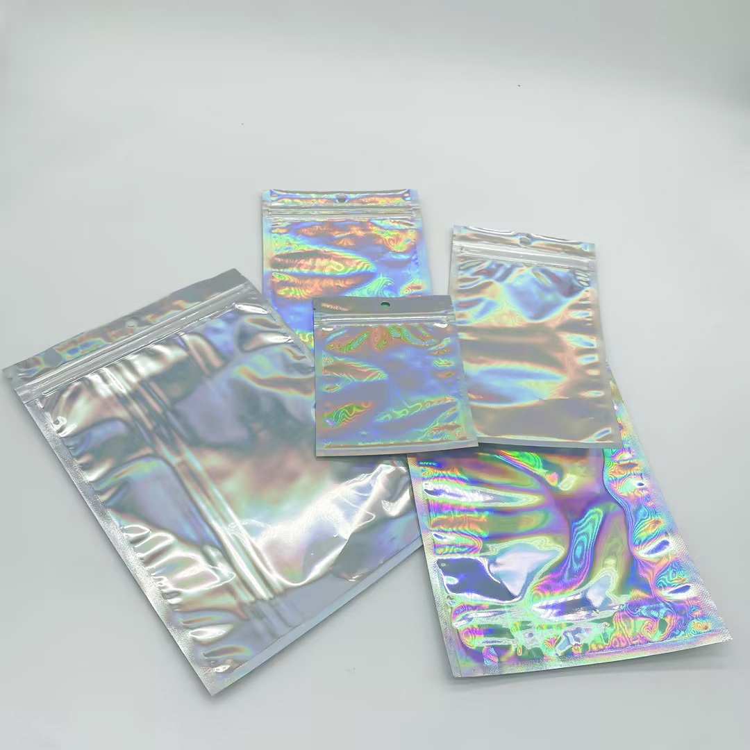 Color Reclosable Holographic Rainbow Pink Zipper Packaging Bag Cosmetic Jewelry  Pouches Spot goods Small Plastic Zip Lock Bags