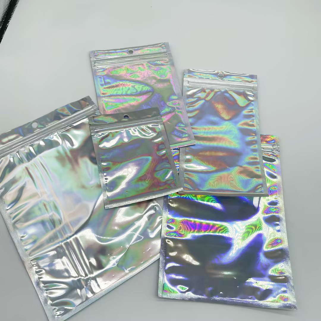 Color Reclosable Holographic Rainbow Pink Zipper Packaging Bag Cosmetic Jewelry  Pouches Spot goods Small Plastic Zip Lock Bags