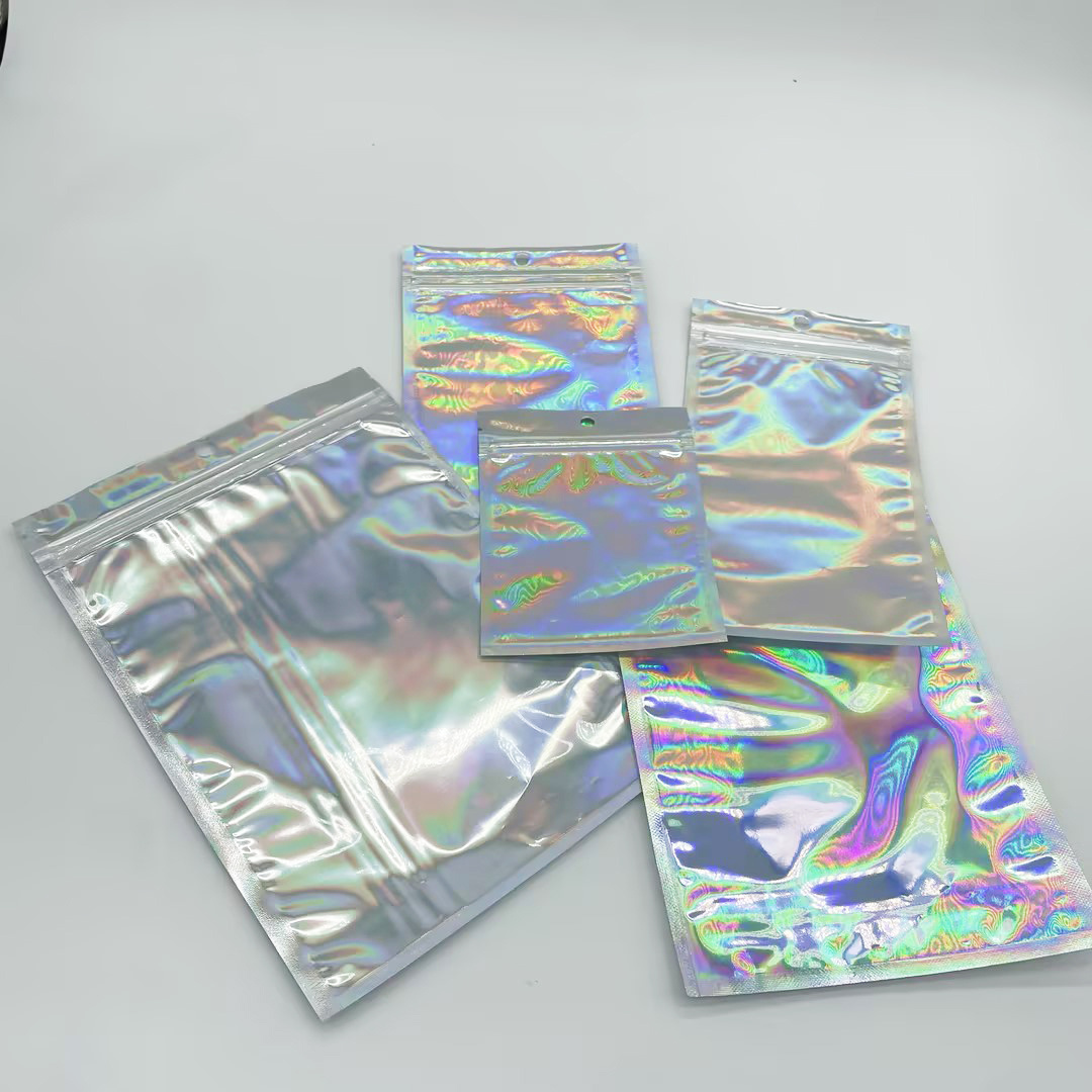 Color Reclosable Holographic Rainbow Pink Zipper Packaging Bag Cosmetic Jewelry  Pouches Spot goods Small Plastic Zip Lock Bags