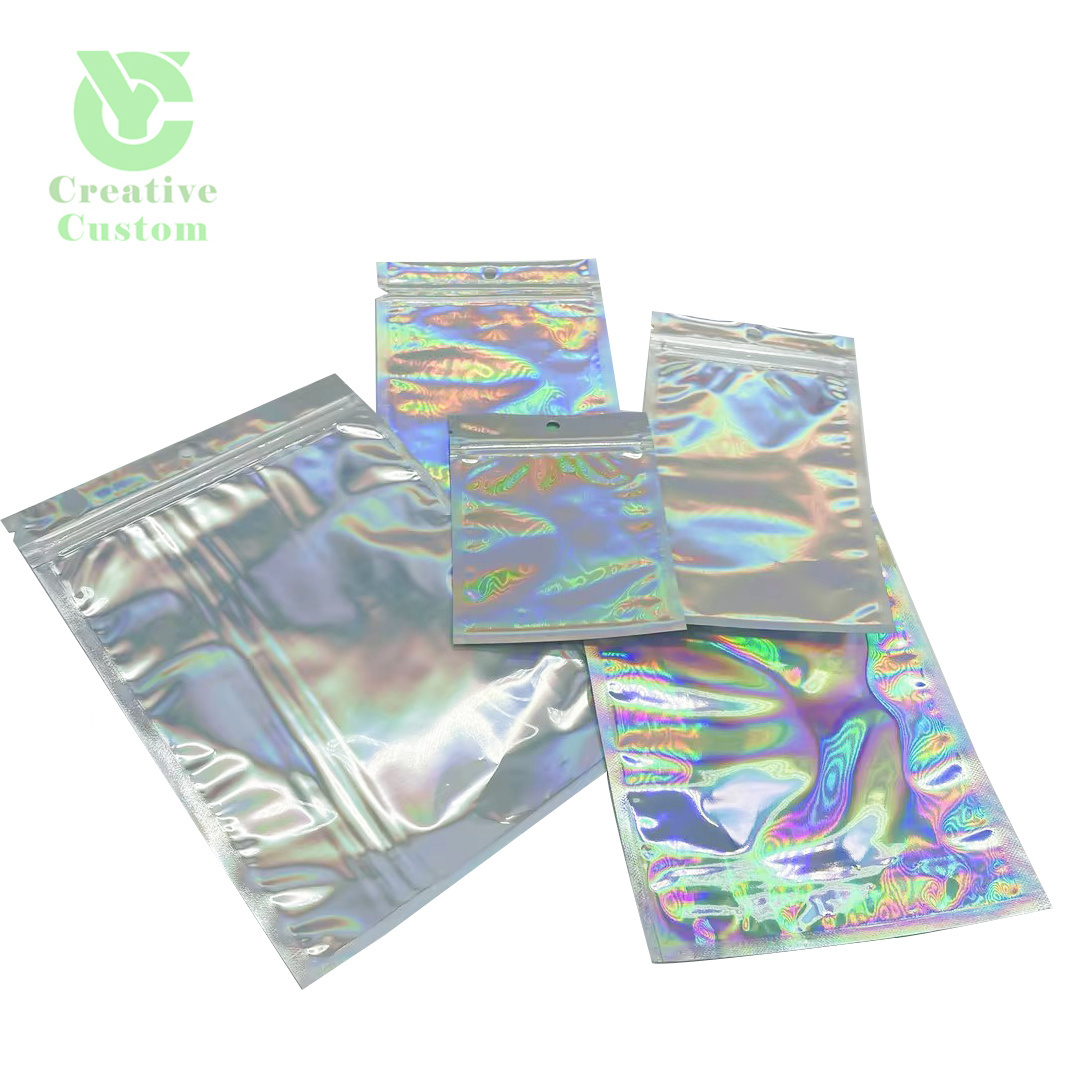 Color Reclosable Holographic Rainbow Pink Zipper Packaging Bag Cosmetic Jewelry  Pouches Spot goods Small Plastic Zip Lock Bags