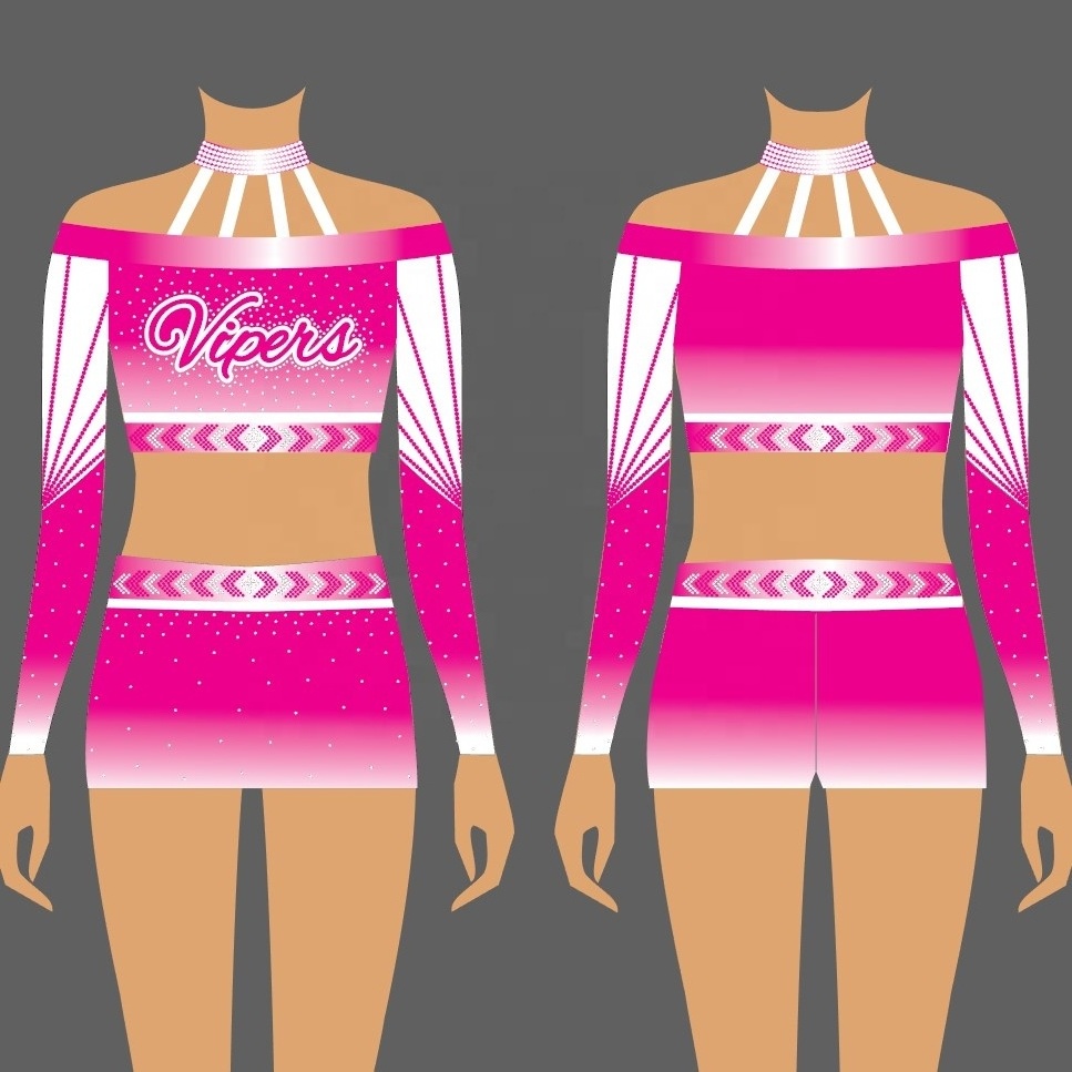 new design custom sublimated long sleeves  pink cheerleading uniform