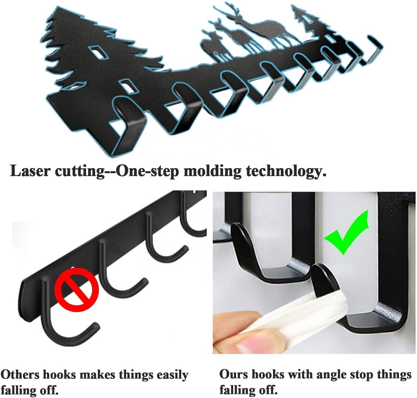 OEM Laser Cut Bending Heavy Duty Black Steel Wall Mounted Over the Door Hook Hanger Organizer Rack for Towel/Hat/Coat/Bag