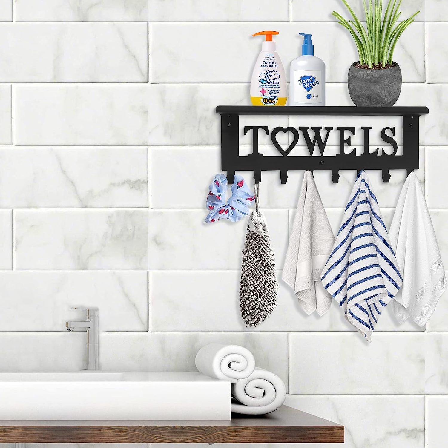 Custom Black Towel Storage Home Decor Wall Mounted Towel Rack Holder with Metal Shelf for Bathroom