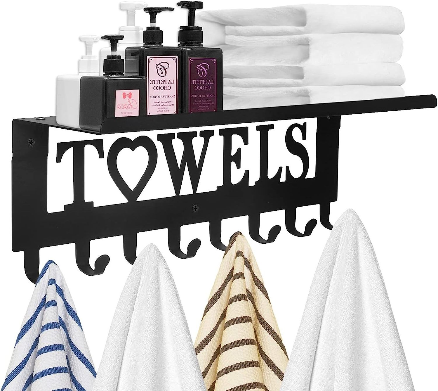 Custom Black Towel Storage Home Decor Wall Mounted Towel Rack Holder with Metal Shelf for Bathroom