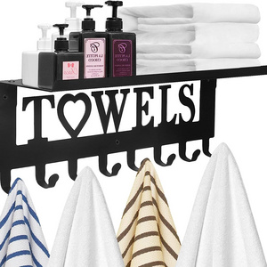 Custom Black Towel Storage Home Decor Wall Mounted Towel Rack Holder with Metal Shelf for Bathroom