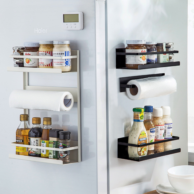 Kitchen Magnetic Spice Rack Organizer For Refrigerator Storage Rack with Paper Towel Holder Side Wall Shelf