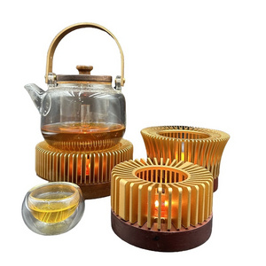 Warm Tea Stove Thermal Insulation Warm Tea Set rose gold metal tea light wooden base teapot warmer