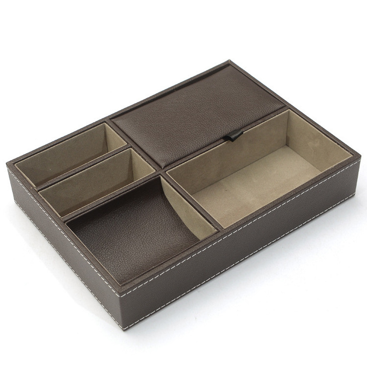 Multifunctional office PU leather storage box 5-cell key coin storage decorative tray black leather valet tray