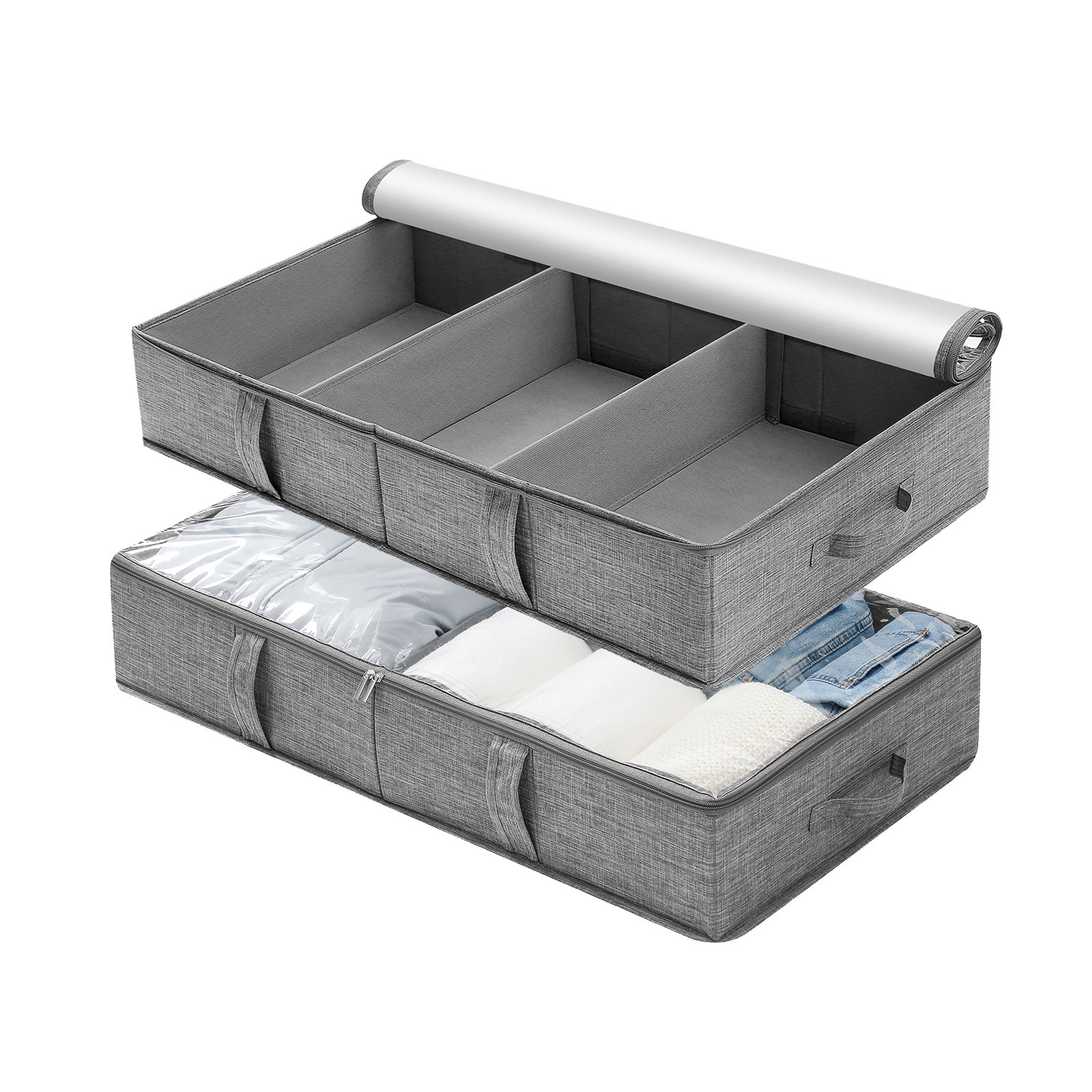 Fabric clothing storage bin transparent cover compartment clothes organizer blanket toy foldable sorting under bed storage bag