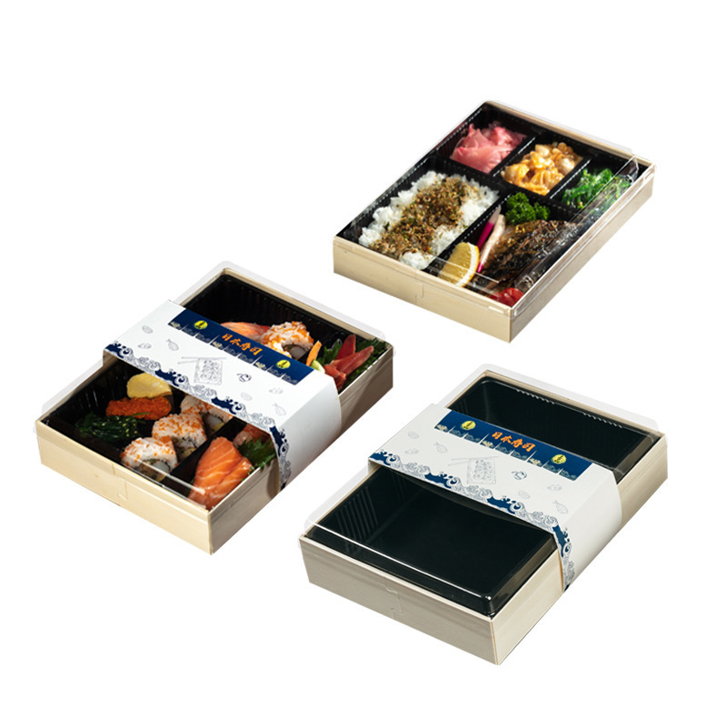 Disposable compartment high-end custom bento lunch box fruit salad takeout biodegradable wooden sushi food packaging box