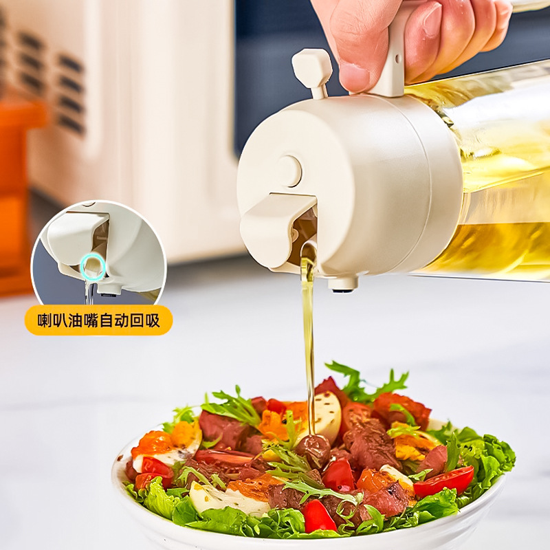 2-in-1 Glass Oil Spray Bottle 470ml Self-pressing Cooking Oil Sprayer Kitchen Spray Down Integrated Oil Dispenser