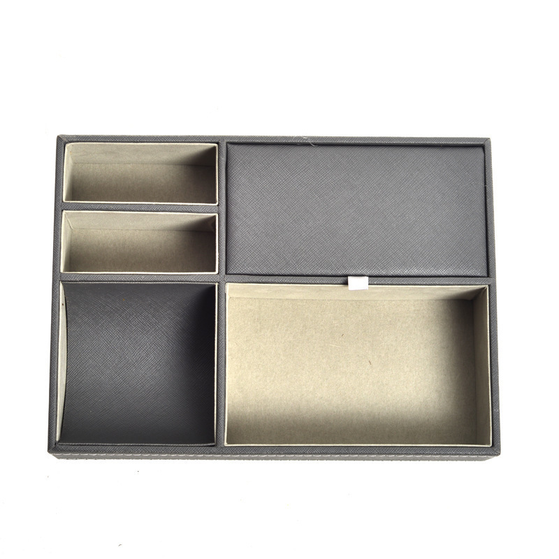 Multifunctional office PU leather storage box 5-cell key coin storage decorative tray black leather valet tray