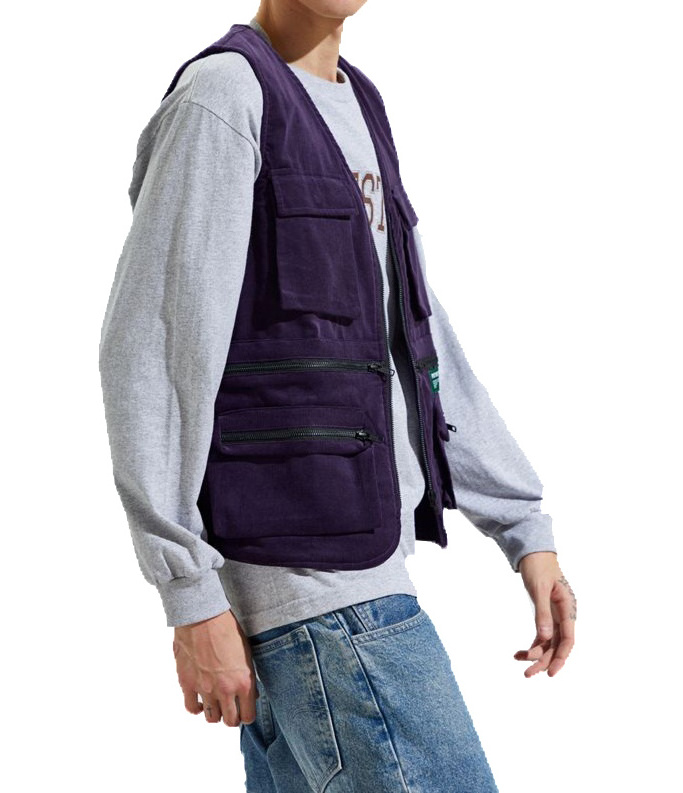 Oem factory mens 100% cotton zip up winter streetwear purple corduroy cargo work vest