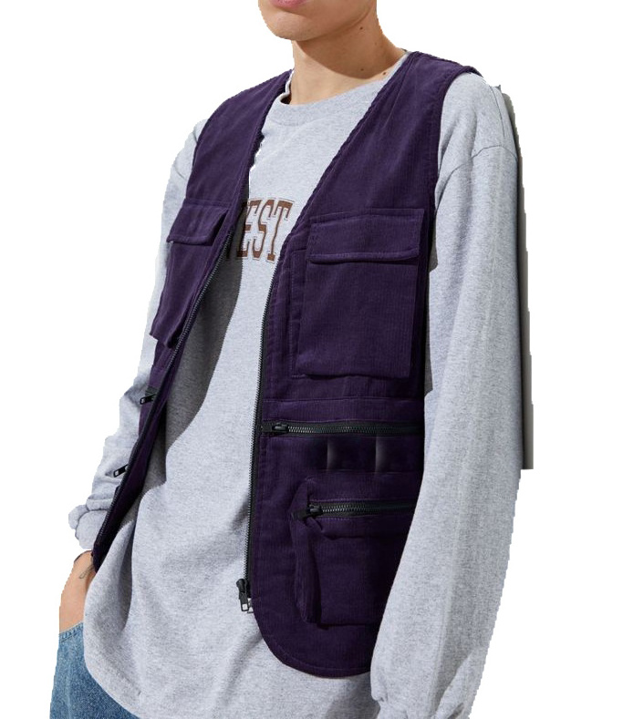 Oem factory mens 100% cotton zip up winter streetwear purple corduroy cargo work vest