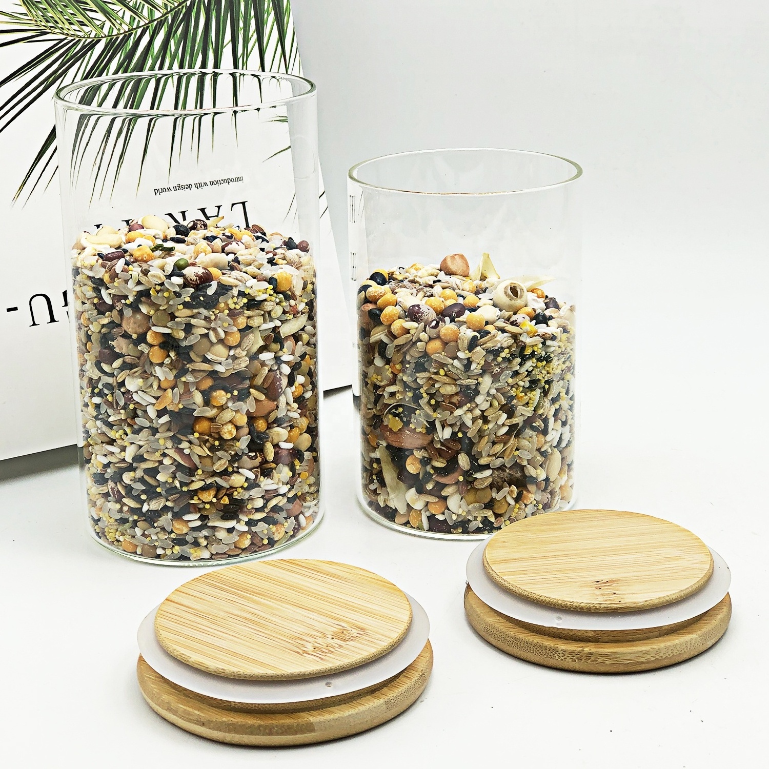 Glass Canister And Spice Jar Set Kitchen Storage Stainless bamboo Jars Lids New Glass Jar for Food