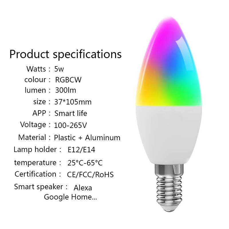 Alexa Google Home RGB 2700K-6500K Smart Light Bulbs Tuya Wifi C37 Dimmable Smart LED Bulb