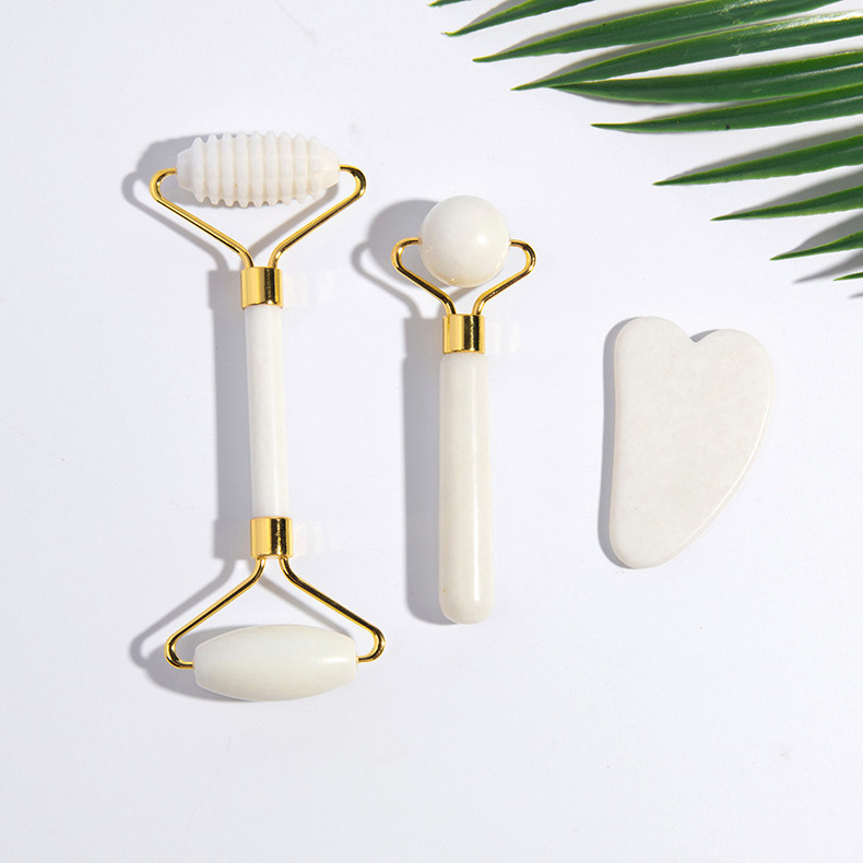 3 sets Handheld white Green quartz jade roller gua sha beauty facial massage rose jade roller for face with box