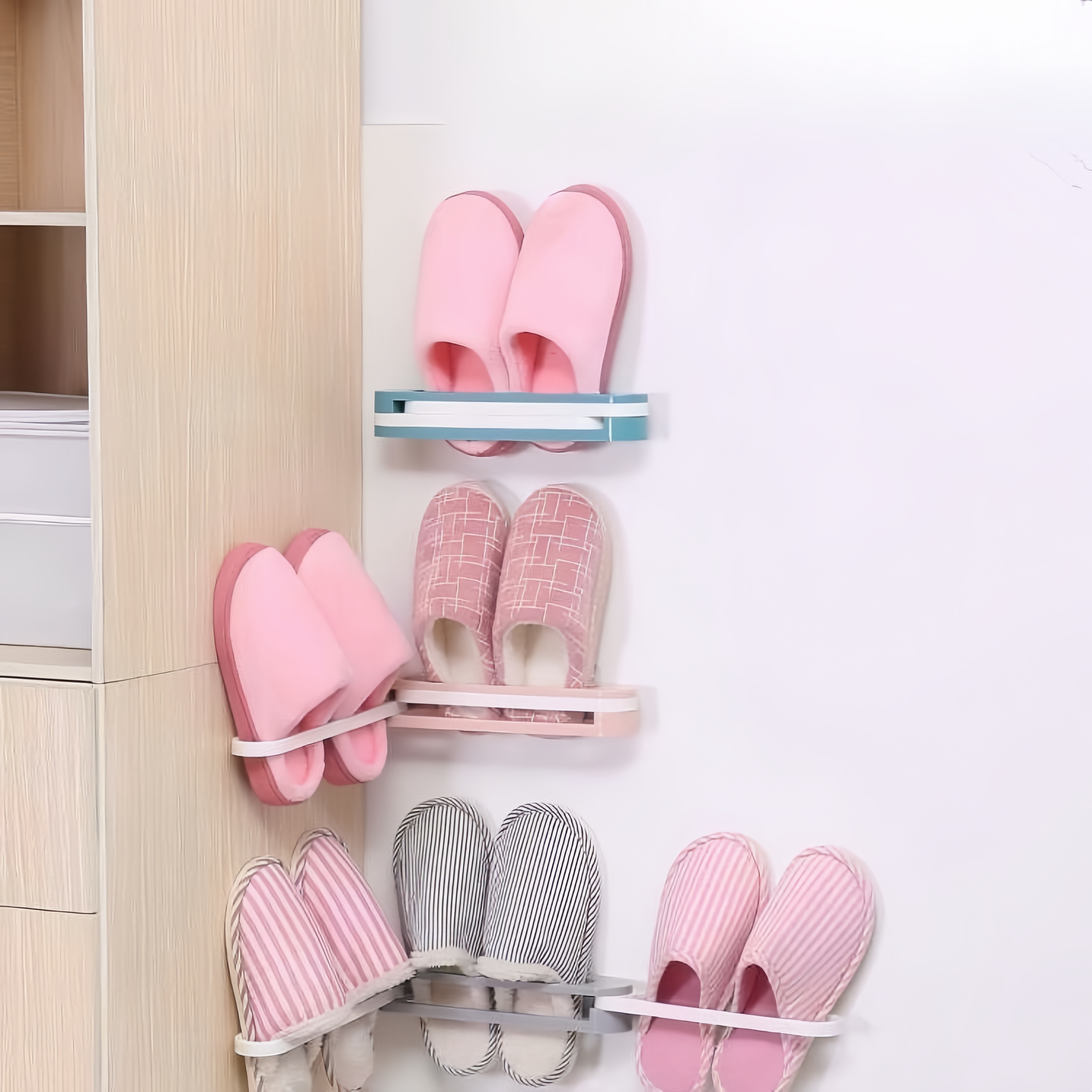 New Design 3-in-1 Foldable Plastic Wall Mounted Shoe Storage Rack for Slippers Non-Punching Single Tier Home BathroomOrganizer