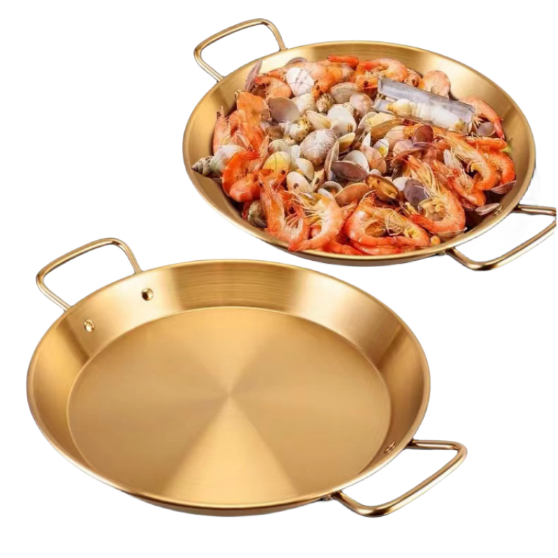 Double Handle Stainless Steel Paella Pans Gold Spanish Nonstick Cooking Pan Induction Seafood Boiling Pot Kitchen Supplies