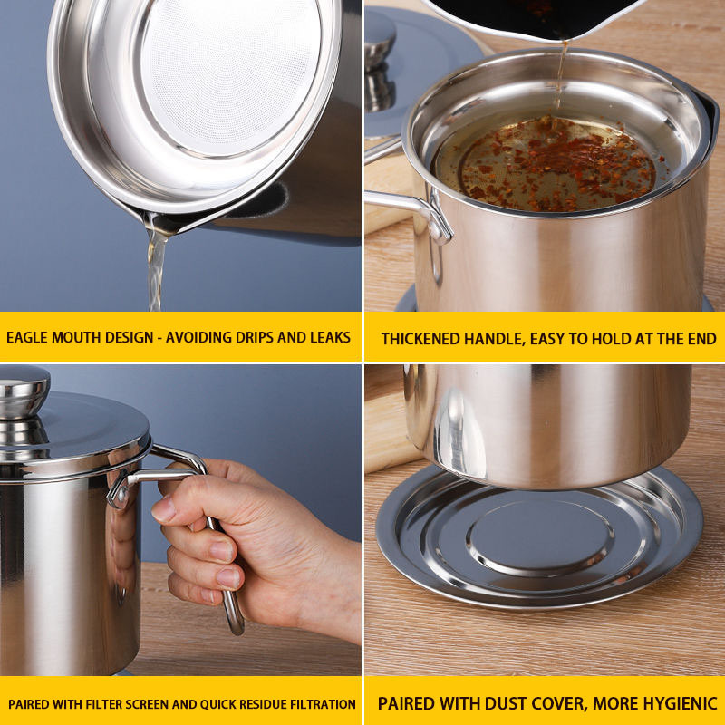 Bacon Grease Container with Fine Mesh Strainer, Stainless Steel Cooking Oil Keeper with Lid and Tray Easy-Grip Handle