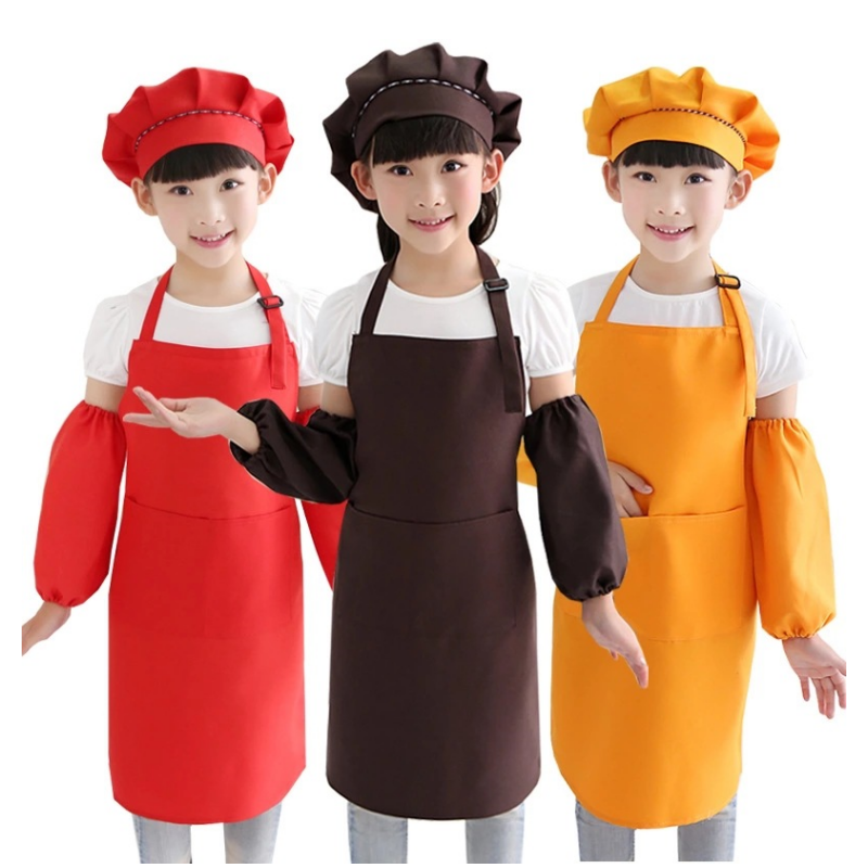 Wholesale Custom Logo Kids Apron with Chef Hat & Sleeves for Baking Camping Painting Cooking Usage Waterproof Children Apron