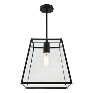 Industrial style E27 rod pendant light with glass panels all around D30cm