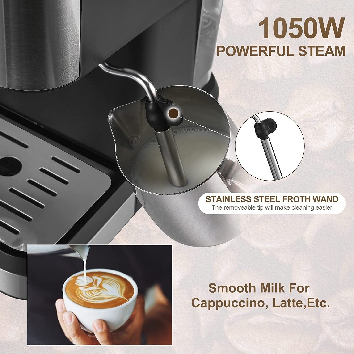 1.5L 1050W 2IN1 Italian Kahve Makinesi Semi Automatic Electric Coffee Maker Espresso Machine For Cafe