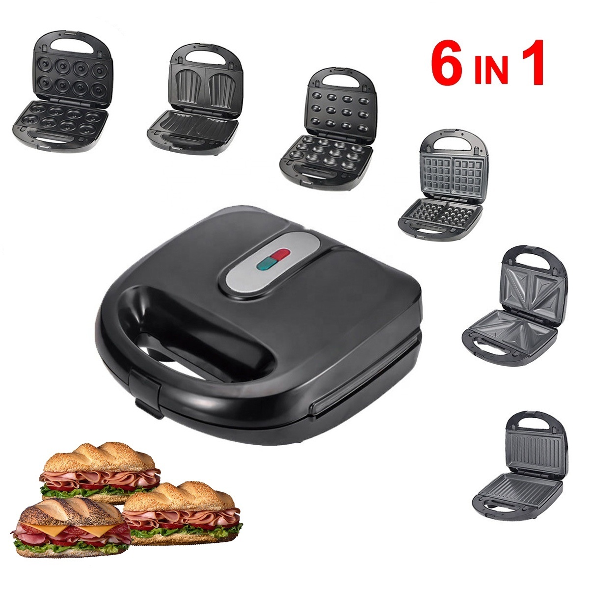 750W 6 In 1 Detachable Electric Press Vertical Contact Non Stick Breakfast Bread Waffle Sandwich Maker